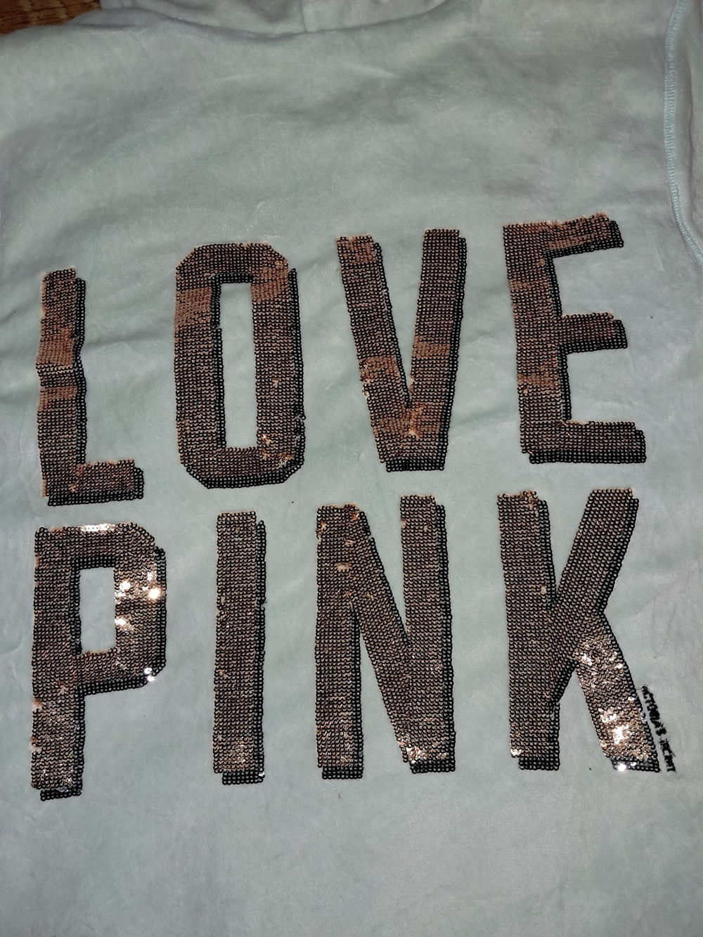 LOVE PINK Victoria's Secret Velour Fur Lined Hoodie Gold Sequins Bling Y2k - Picture 2 of 6